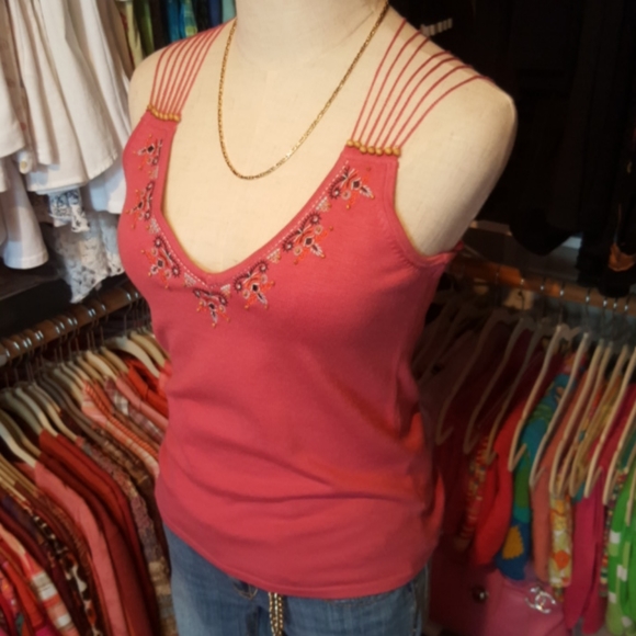 NEW YORK & CO ♡ RARE Vintage Pink Knit Embroidered 'n Beaded Back Design Tank S - Picture 6 of 17